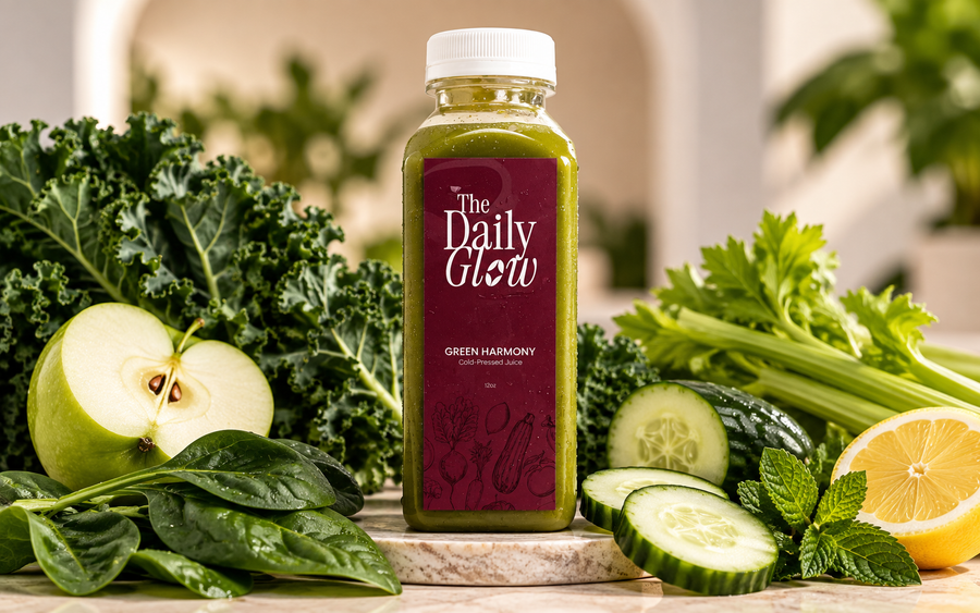 A bottle of The Daily Glow Green Harmony juice stands centered on a stone coaster, surrounded by fresh ingredients including kale, apple, celery, cucumber, mint, and lemon in a bright kitchen setting.