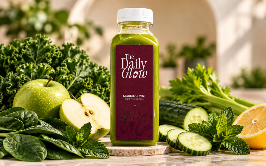 A bottle of green juice labeled 'The Daily Glow Morning Mist' stands on a marble coaster surrounded by fresh ingredients including kale, green apple, spinach, cucumber, celery, mint, and an orange slice in a bright kitchen setting.