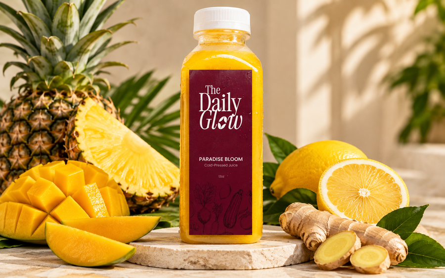 A bottle of orange juice centered on a stone surface, surrounded by fresh ingredients including a whole pineapple, mango slices, lemons, ginger root, and green leaves. The bottle label reads 'The Daily Glow' and 'Paradise Bloom'.
