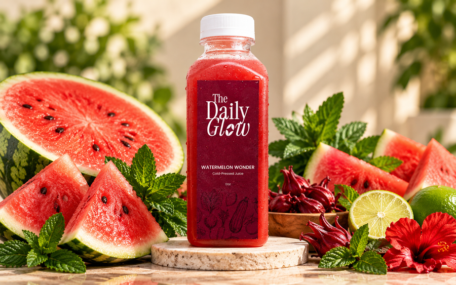 A bottle of The Daily Glow Watermelon Wonder juice stands on a stone coaster, surrounded by fresh watermelon slices, mint leaves, hibiscus flowers, and a lime in a bright, sunlit setting.