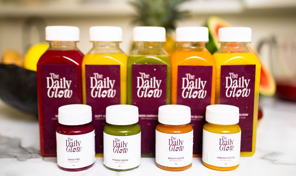 The full Daily Glow lineup of juices and wellness shots, fresh-pressed and ready to go