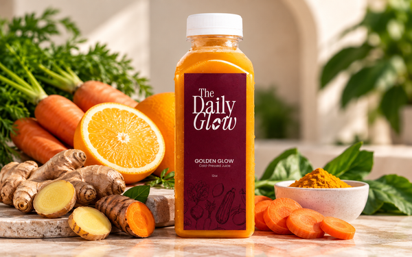A bottle of The Daily Glow Golden Glow carrot juice stands on a marble countertop surrounded by fresh ingredients including carrots, ginger, an orange, basil, and a small bowl of turmeric powder.