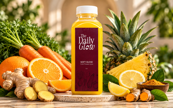 A bottle of 'The Daily Glow' soft glow drink stands centered on a stone slab, surrounded by its natural ingredients including oranges, carrots, ginger, pineapple, and lemon slices in a warm, sunlit setting.